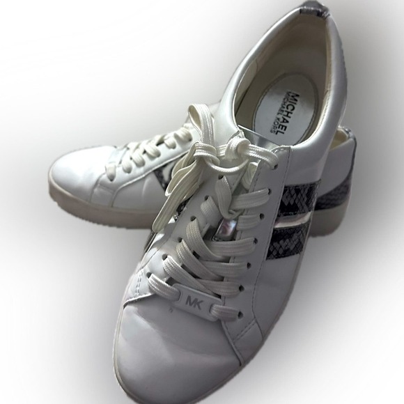 Michael Kors White Leather Sneakers with Snake Print Accent - Picture 1 of 11